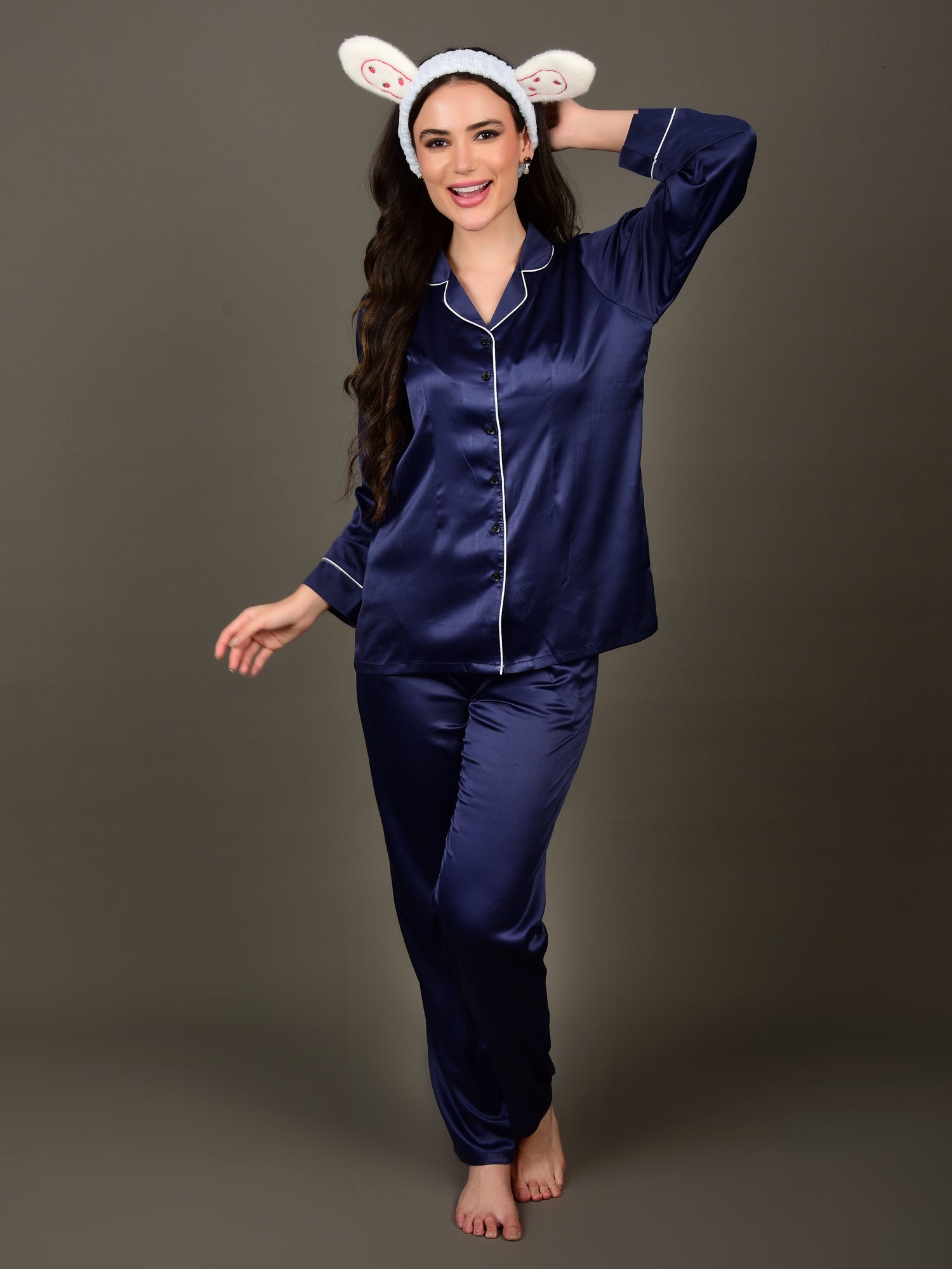 Navy Blue Night Suit in Satin