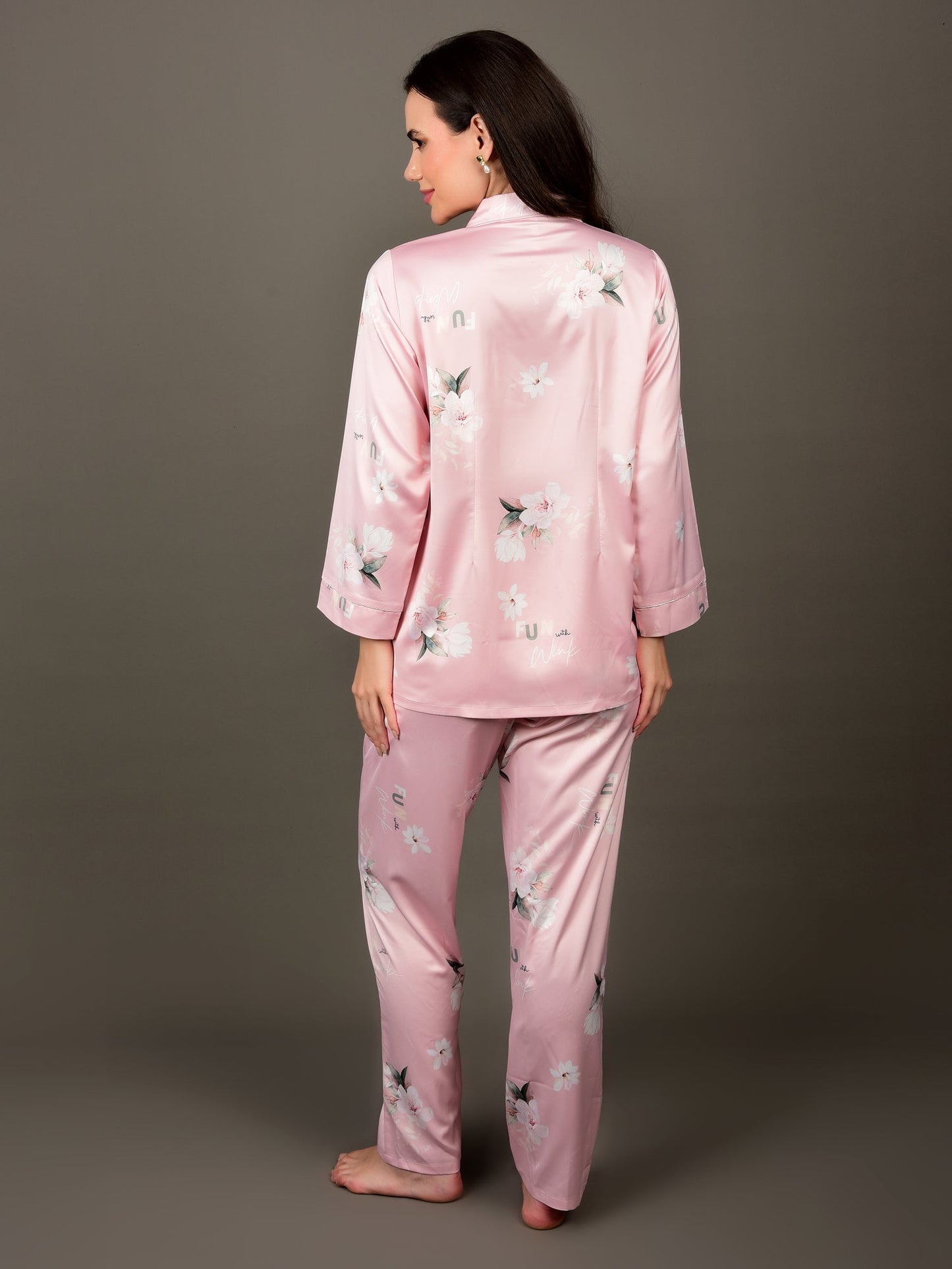 Floral Printed Satin Night Suit with Pajamas