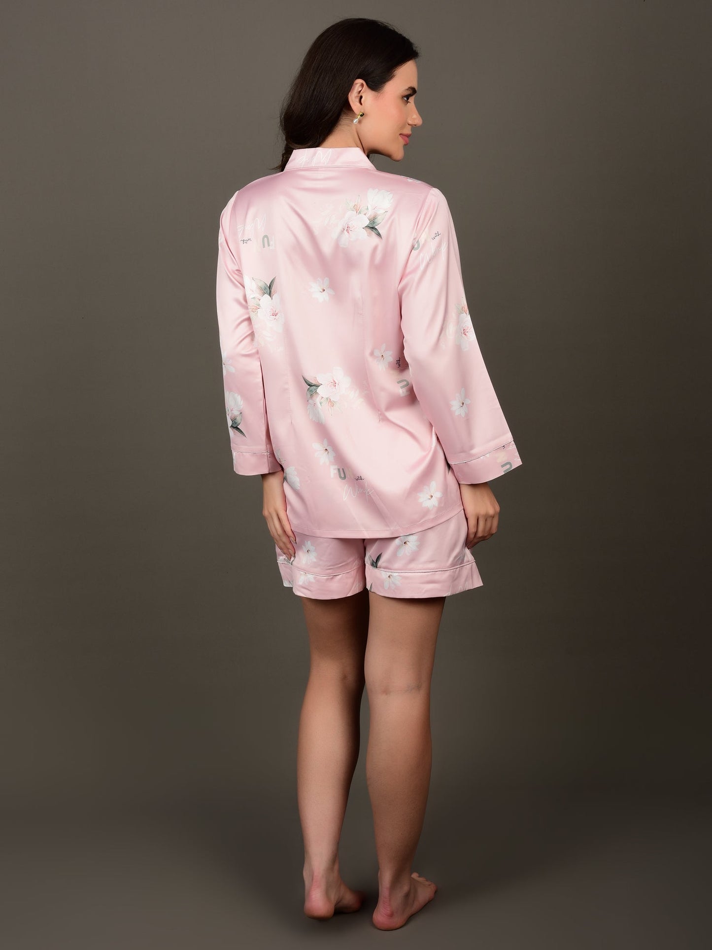 Floral Printed Satin Night Suit with Pajamas
