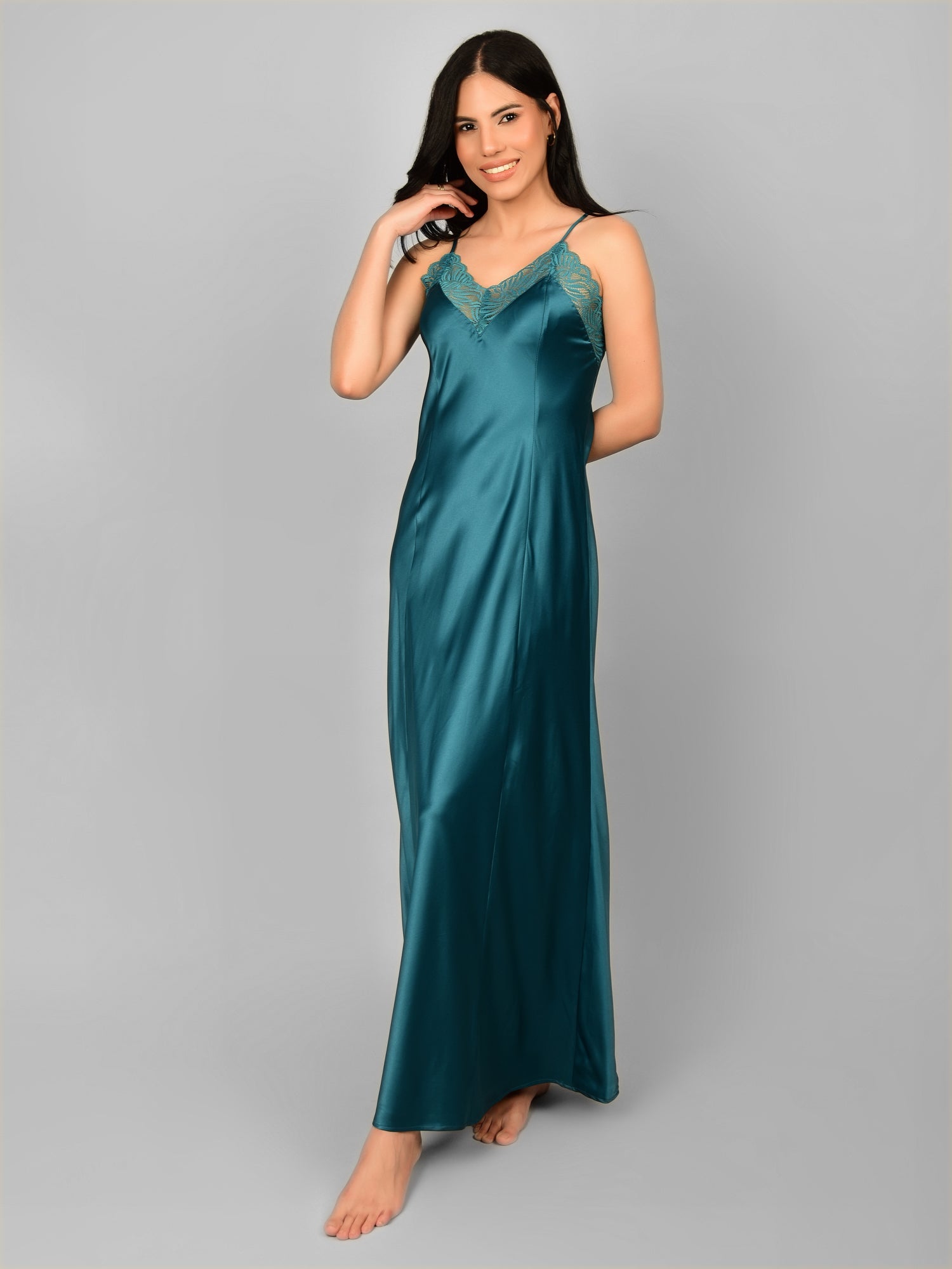 Emerald Satin Nighty with Long Robe