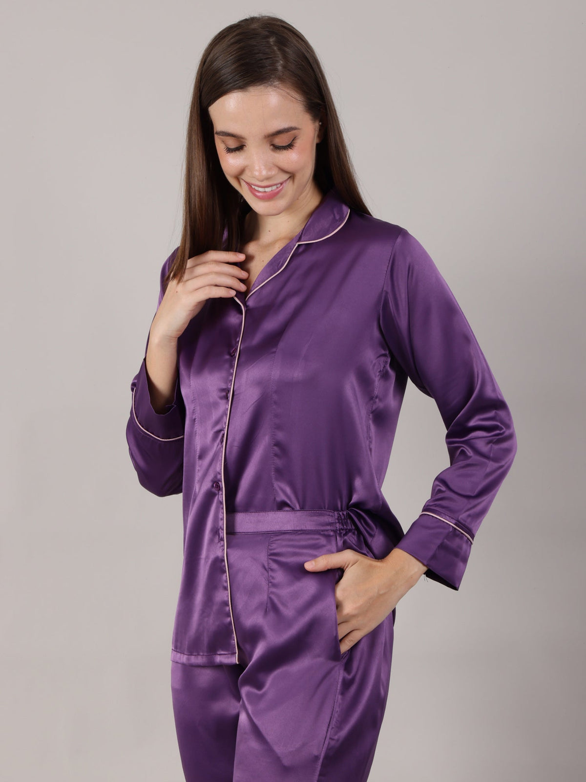 Plum Satin Long Pajama Set