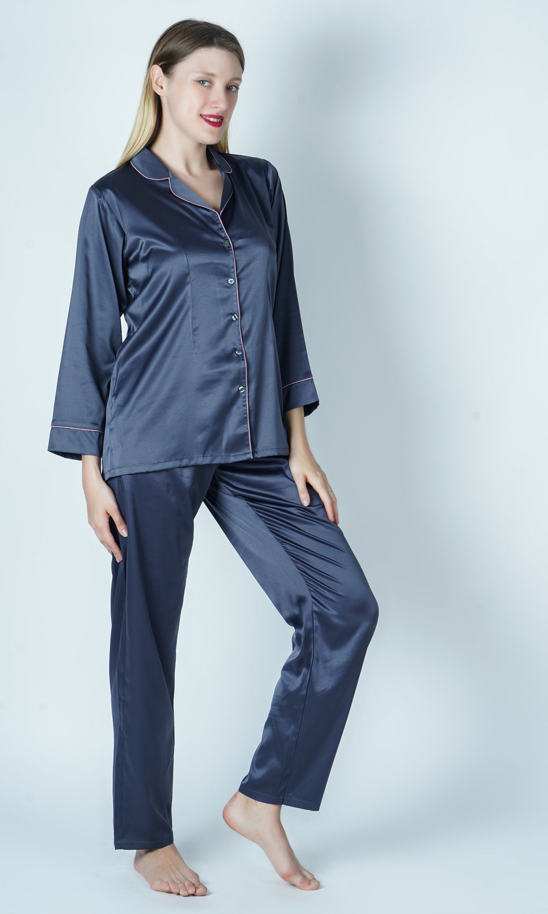 Fluid matte satin have inside cotton feel that makes this night suit soft on skin and non static on the body. Can be customised also.