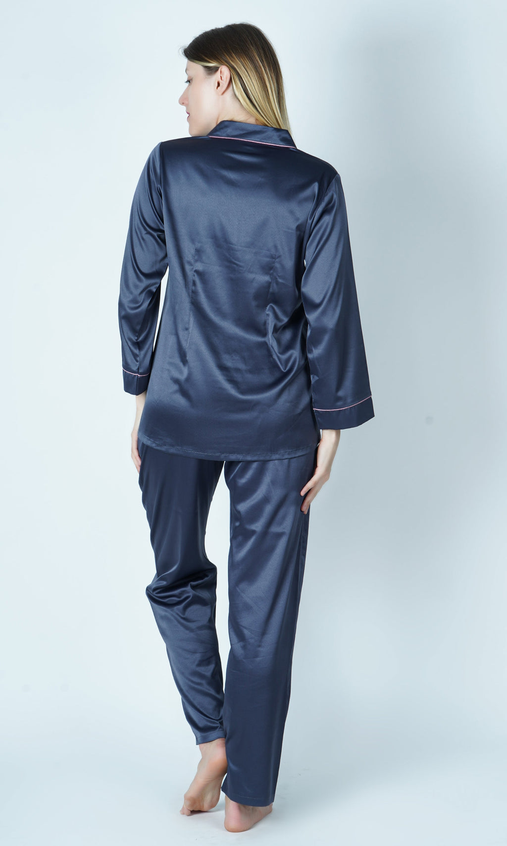 Back of the Anthracite night dress set. Perfect for daily lounging, honyemoon, bachelorette party, bridesmaid. Contrast piping gives a premium look and finish to this pajama set
