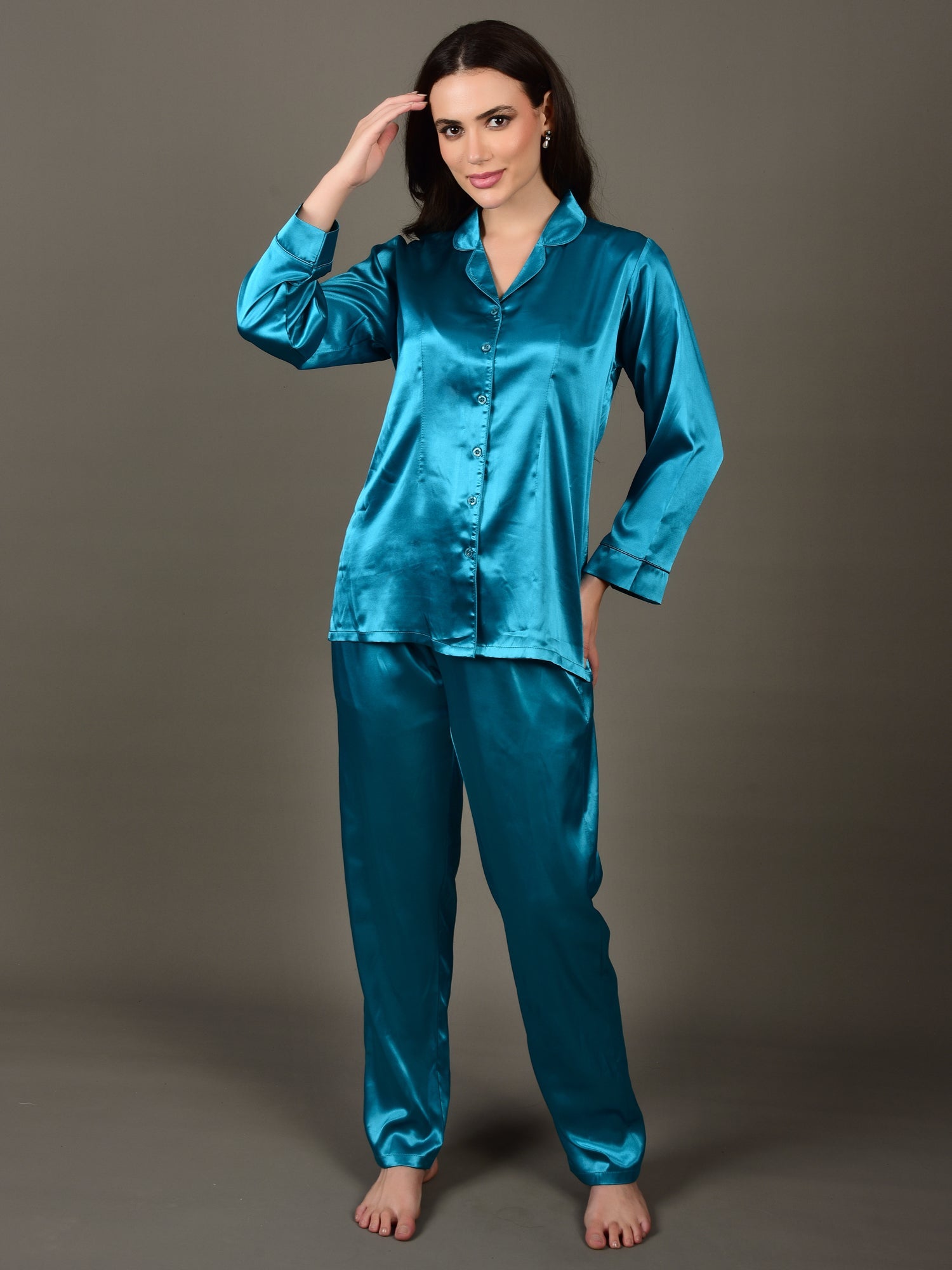 Teal Blue Night Suit in Satin