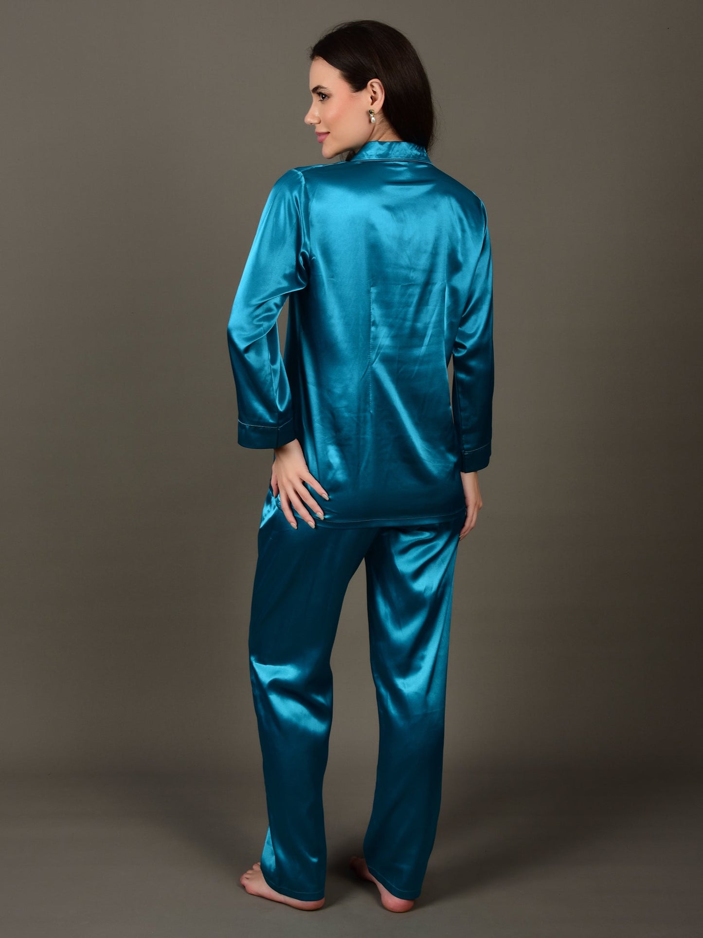 Teal Blue Night Suit in Satin