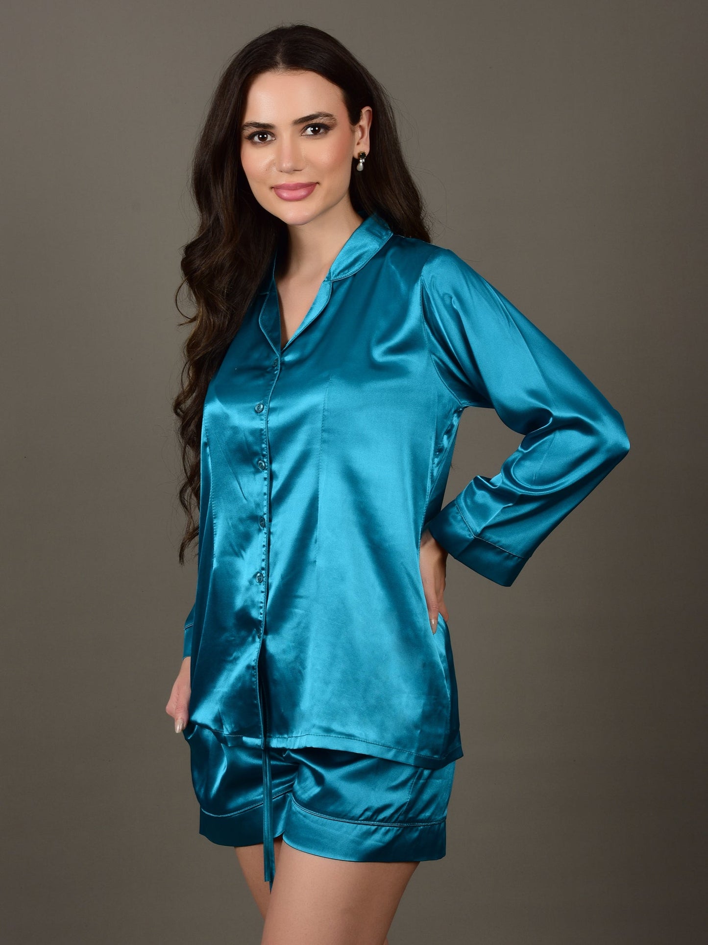 Teal Blue Night Suit in Satin