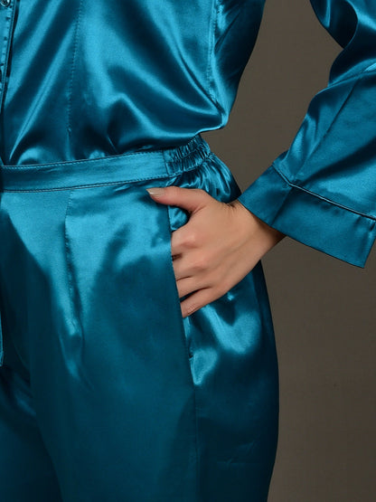 Teal Blue Night Suit in Satin