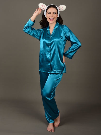 Teal Blue Night Suit in Satin