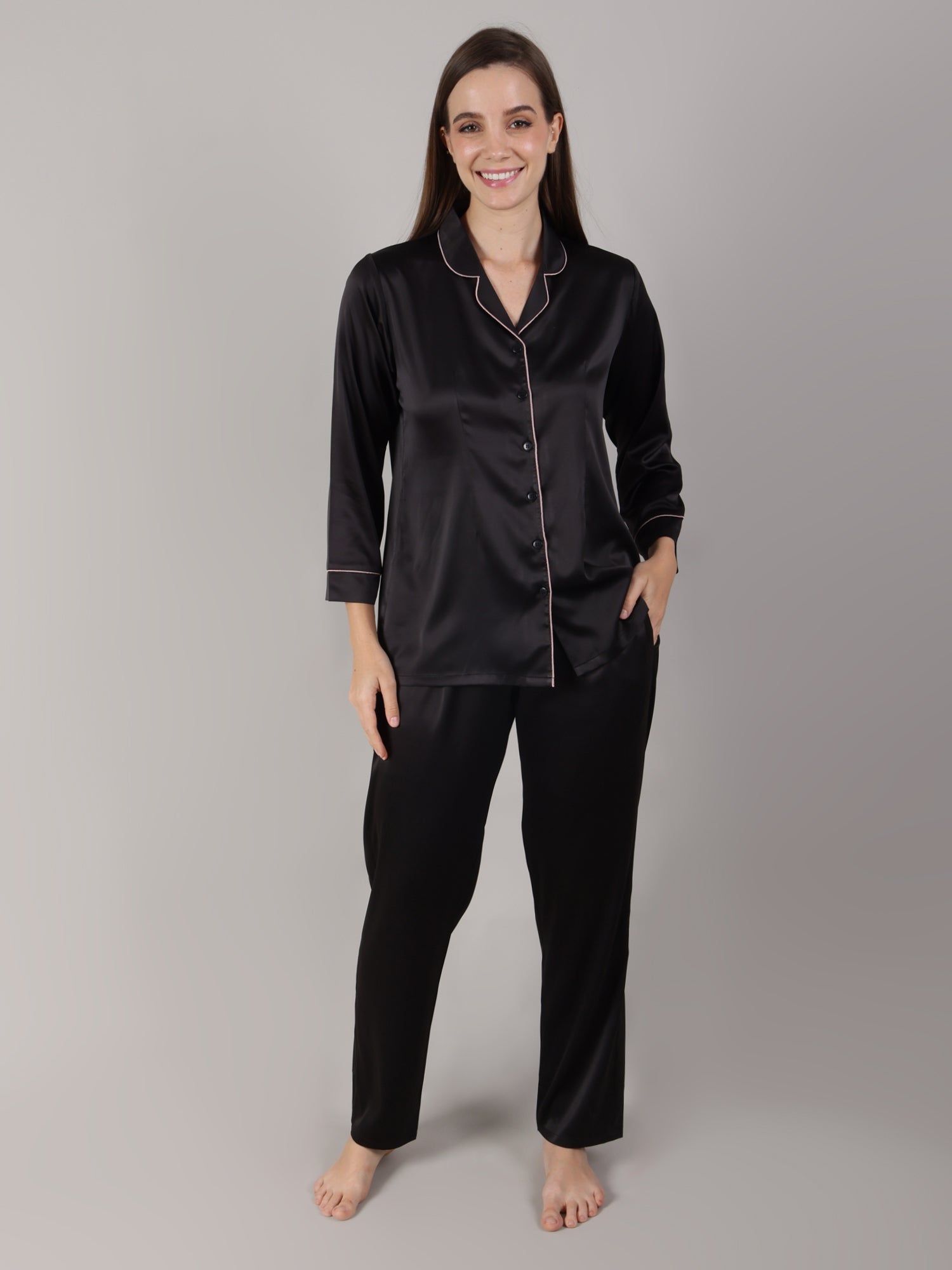 Black Night Suit Set in Satin