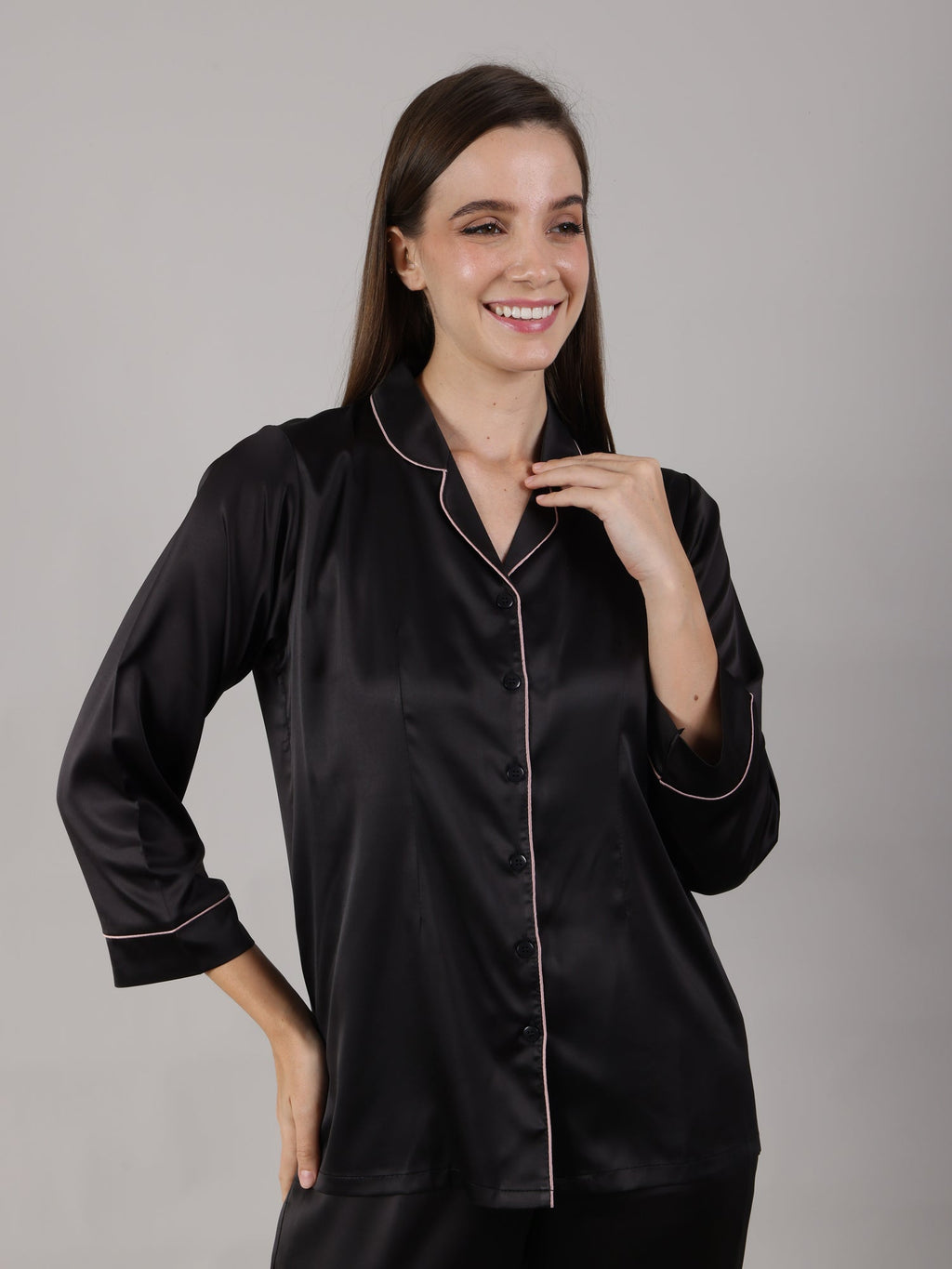 Woman wearing all black Silk satin night suit shirt for loungewear