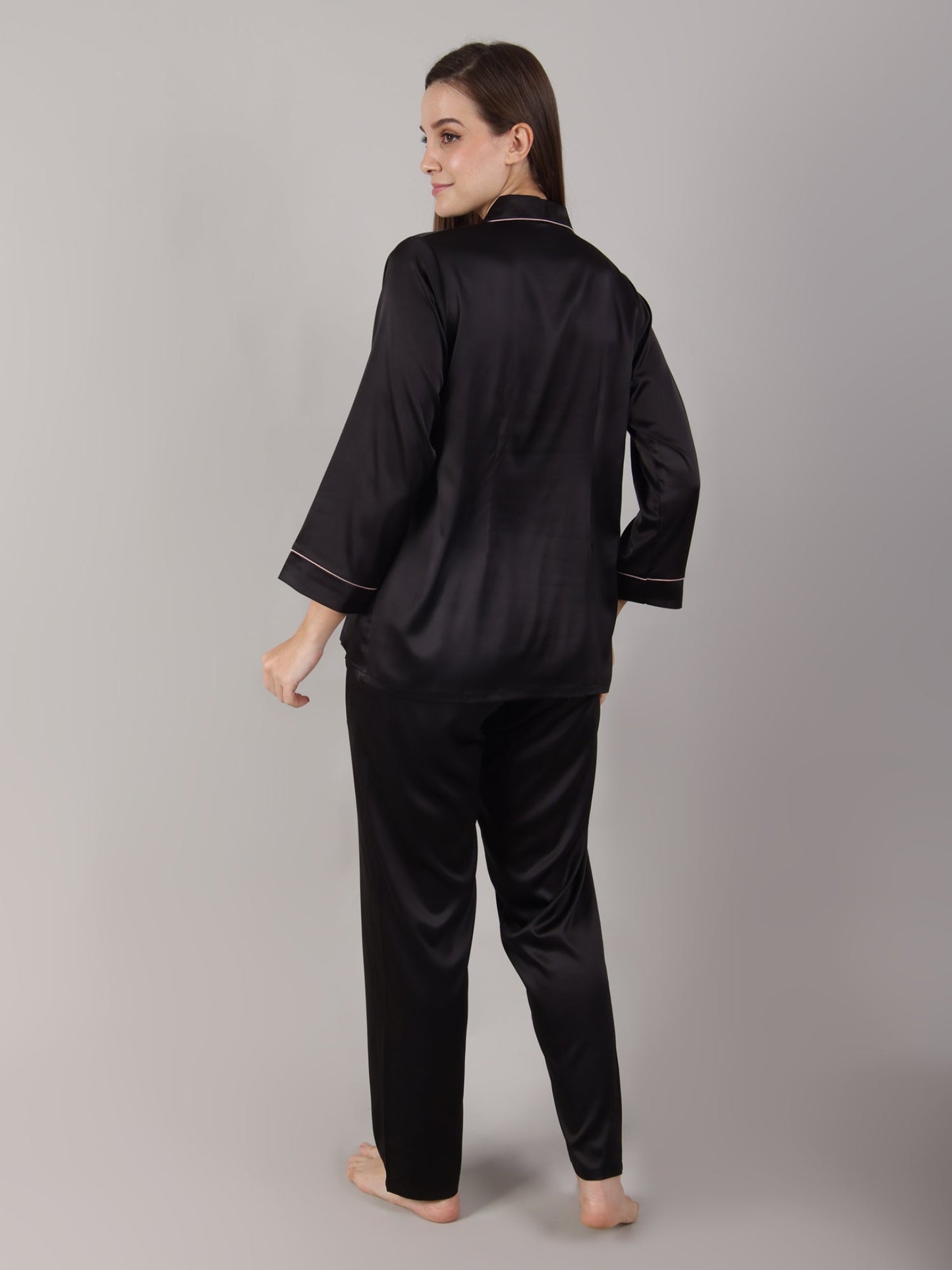 Black Night Suit Set in Satin