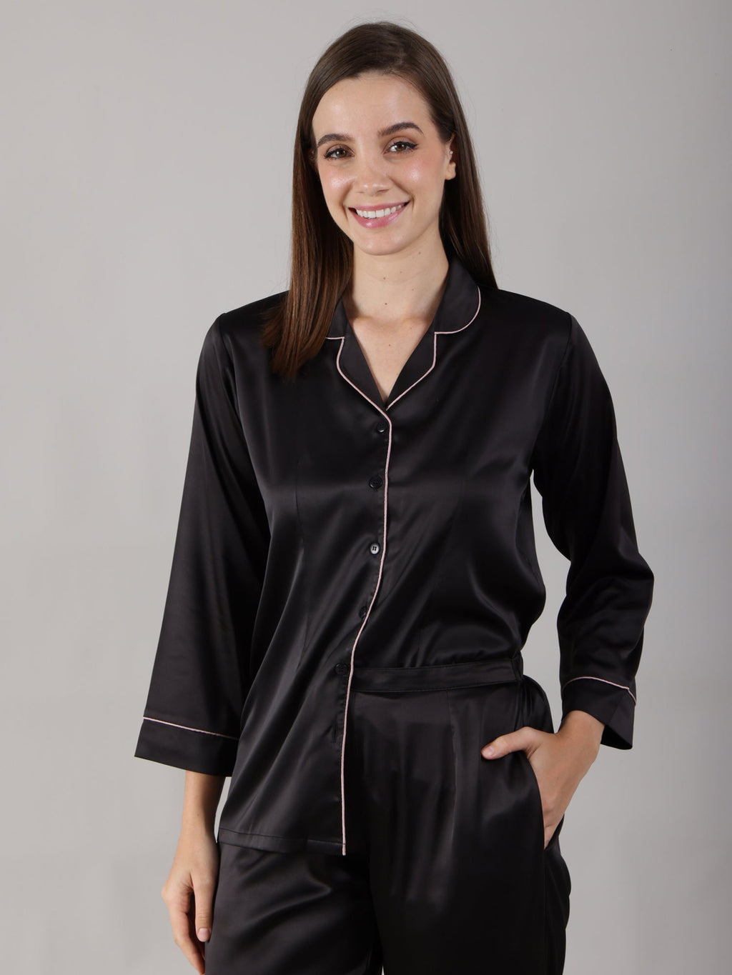 Premium night suit in fluid matte satin for women. Piping color is dusty rose. Minimal button gaps and quarter sleeves
