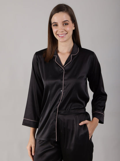 Black Night Suit Set in Satin