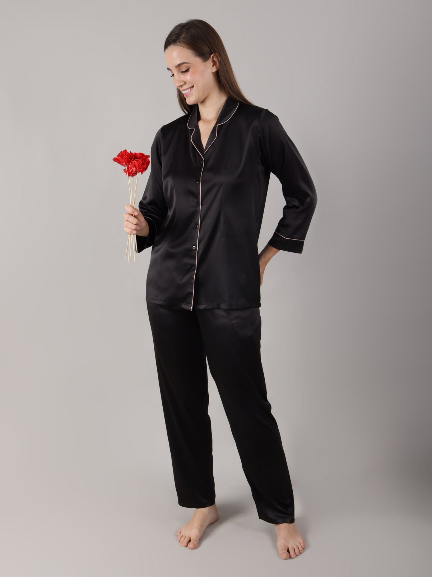 Black Night Suit Set in Satin