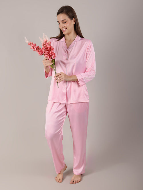 Pink Night Suit Set in Satin with quarter sleeves