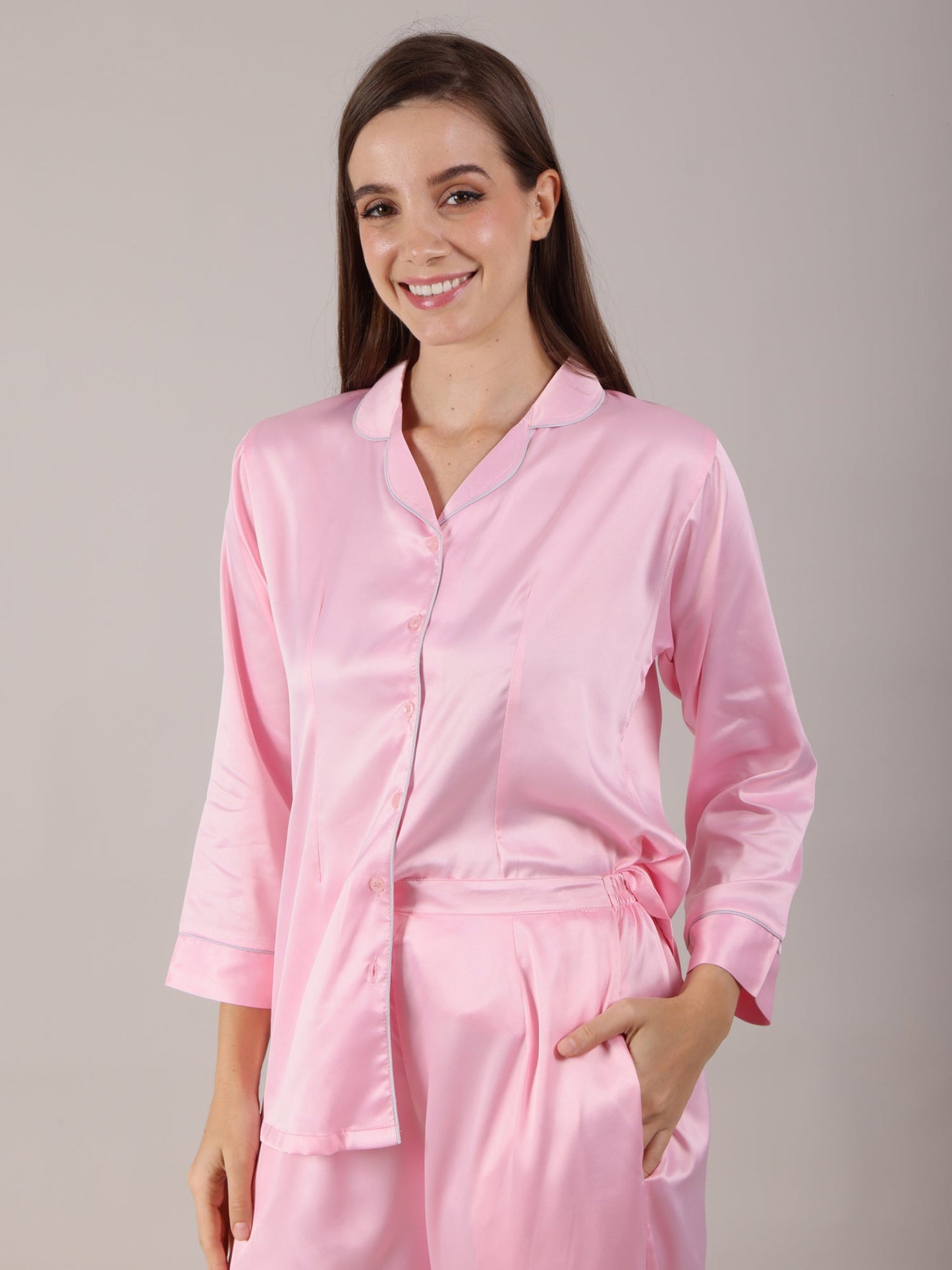Pink Night Suit Set in Satin