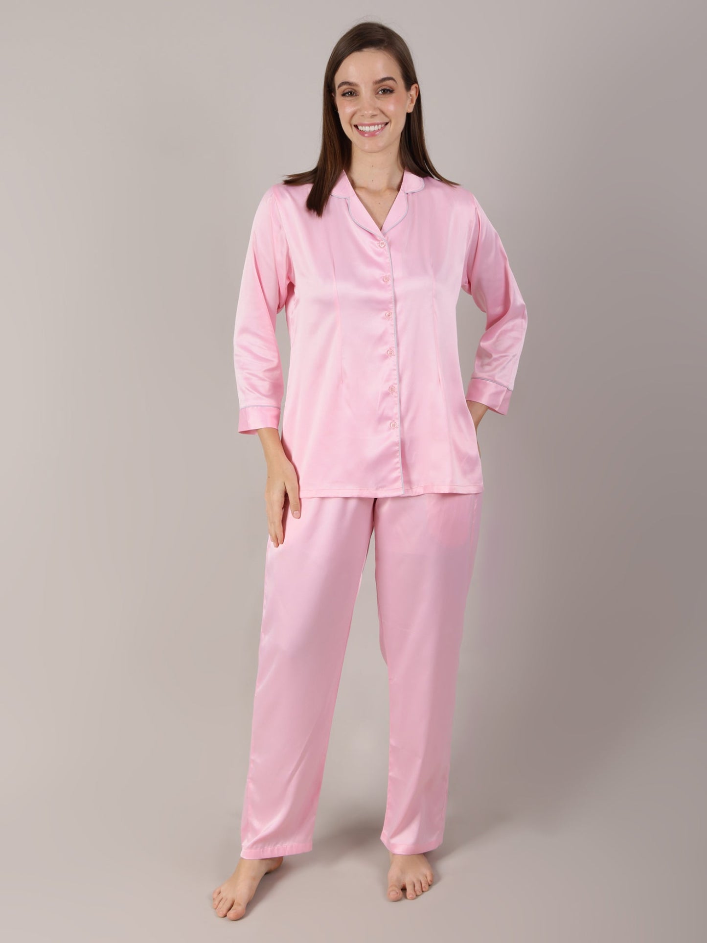 Pink Night Suit Set in Satin