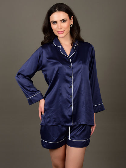 Navy Blue Night Suit in Satin