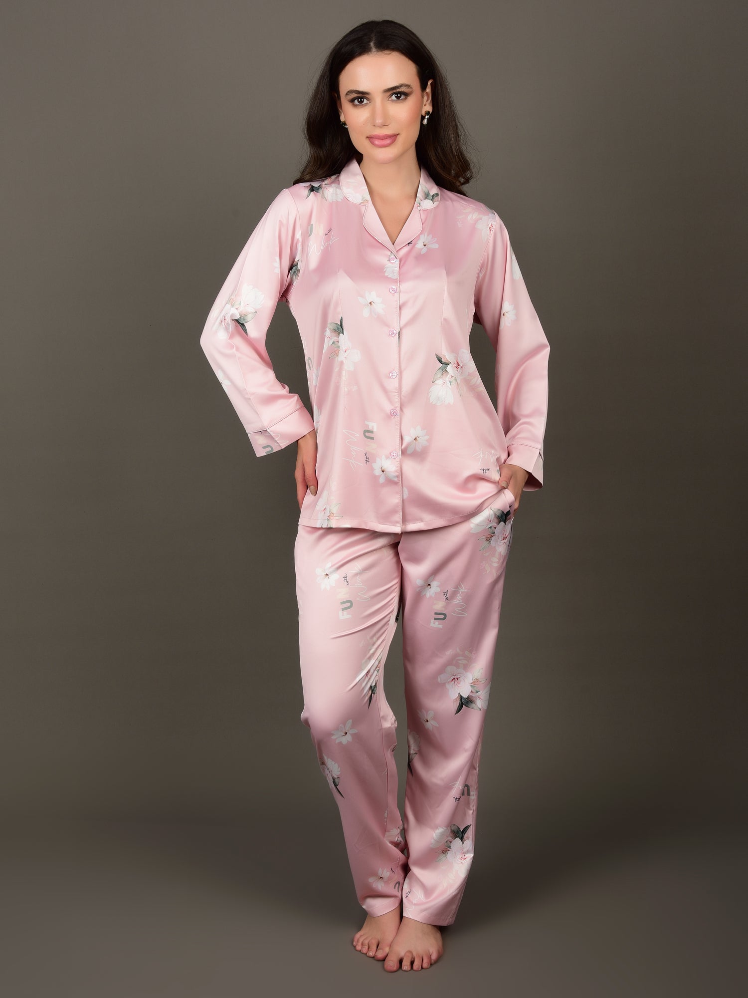 Floral Printed Satin Night Suit with Pyjama