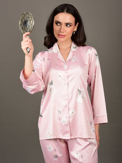 Floral Printed Satin Night Suit with Pyjama