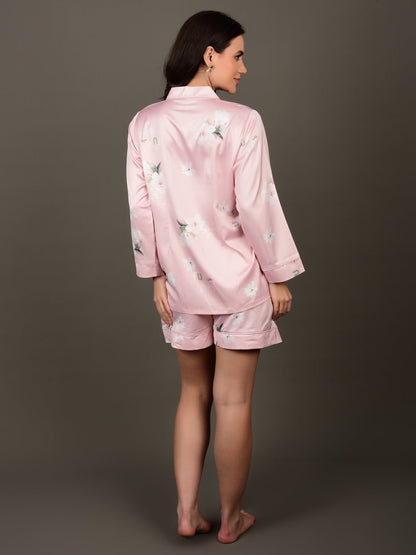 Floral Printed Satin Night Suit with Pyjama