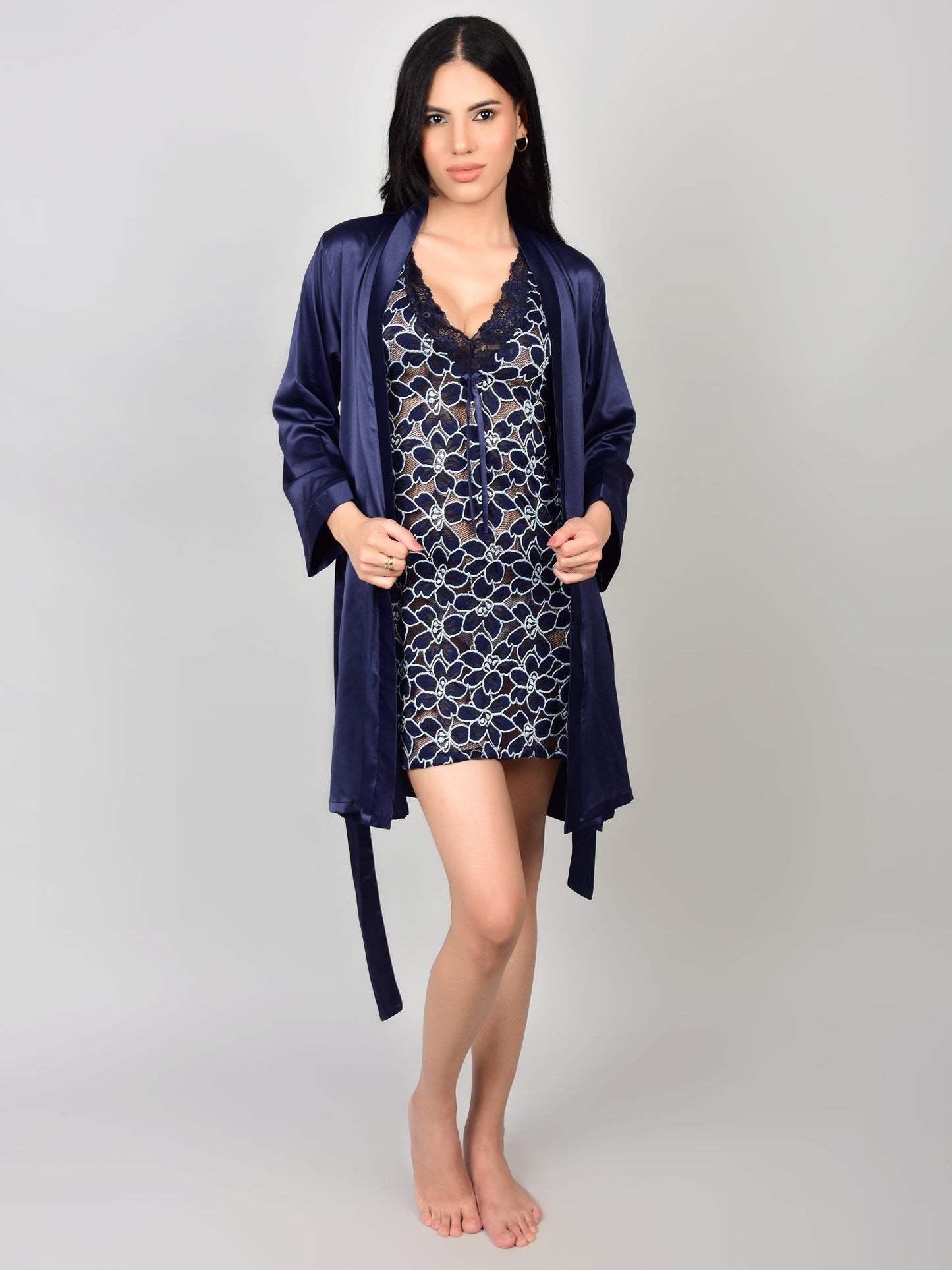 Navy Blue Satin Nighty with Short Robe