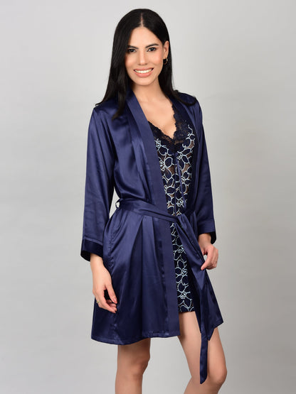 Navy Blue Nighty with Satin Short Robe