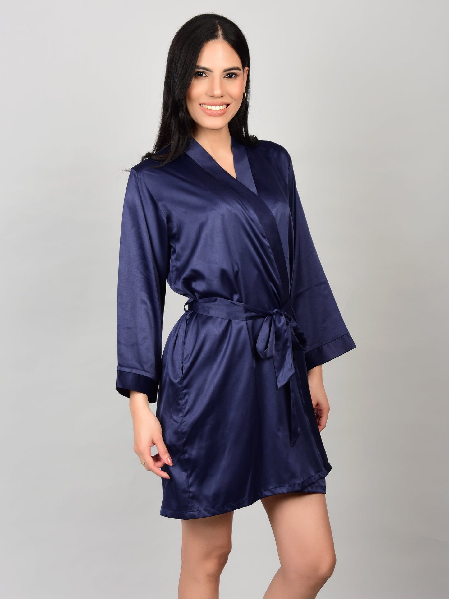 Navy Blue Nighty with Satin Short Robe