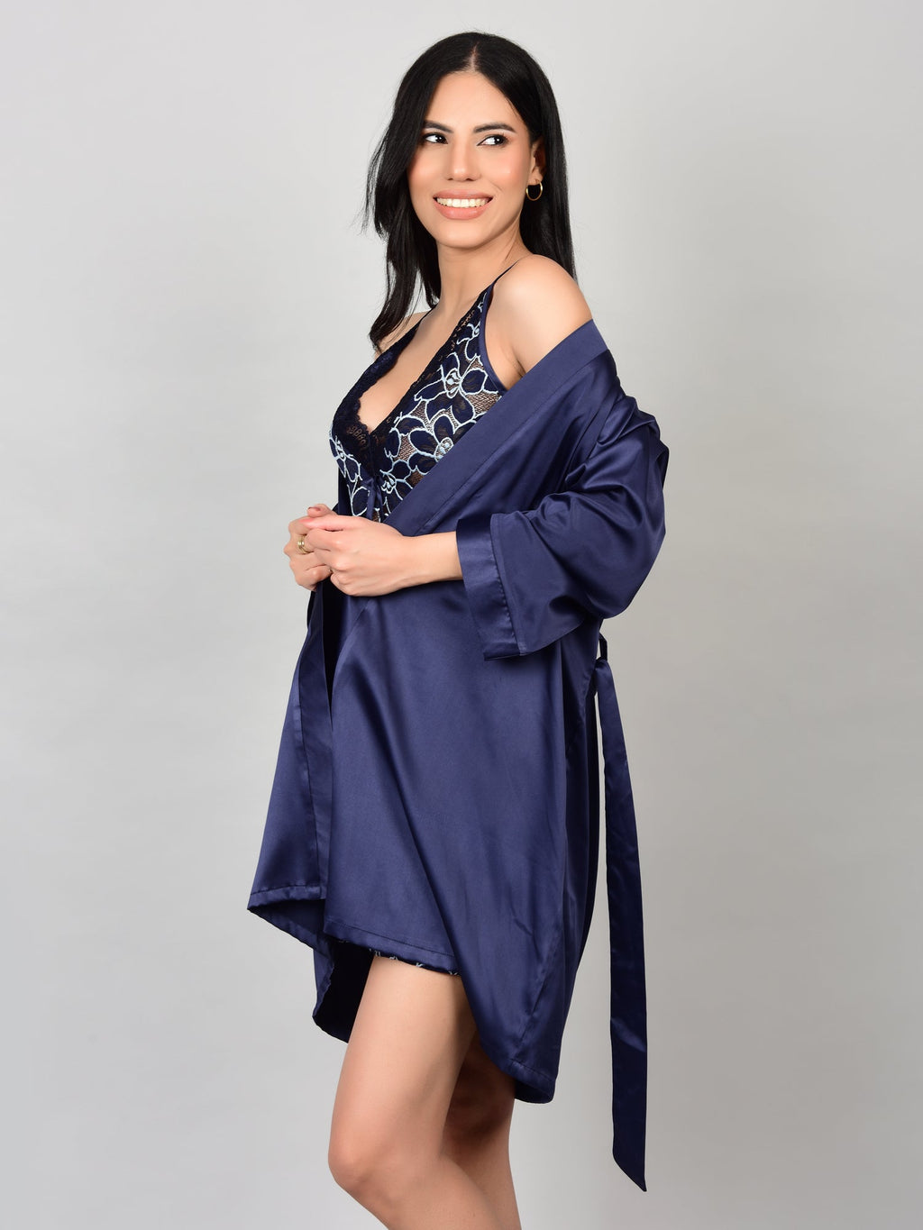 Navy Blue Nighty with Satin Short Robe