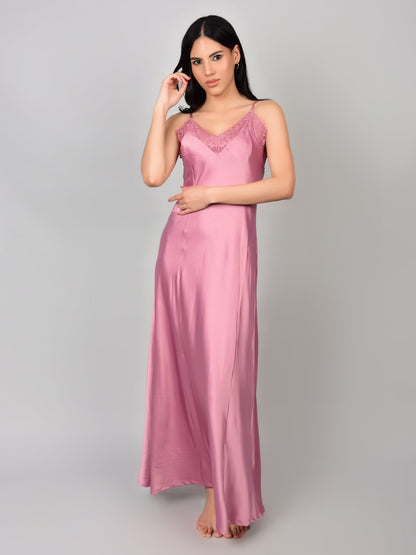 Long Satin Nighty for Women with Lace and Robe by Wink (Pink)