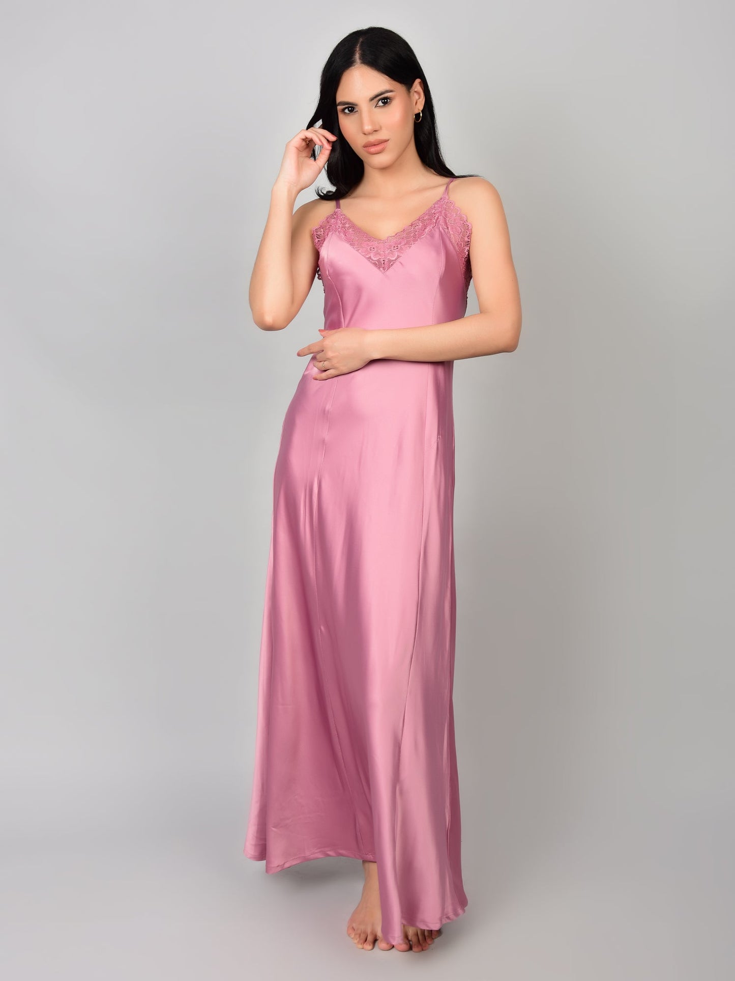 Pink Satin Nighty with Long Robe