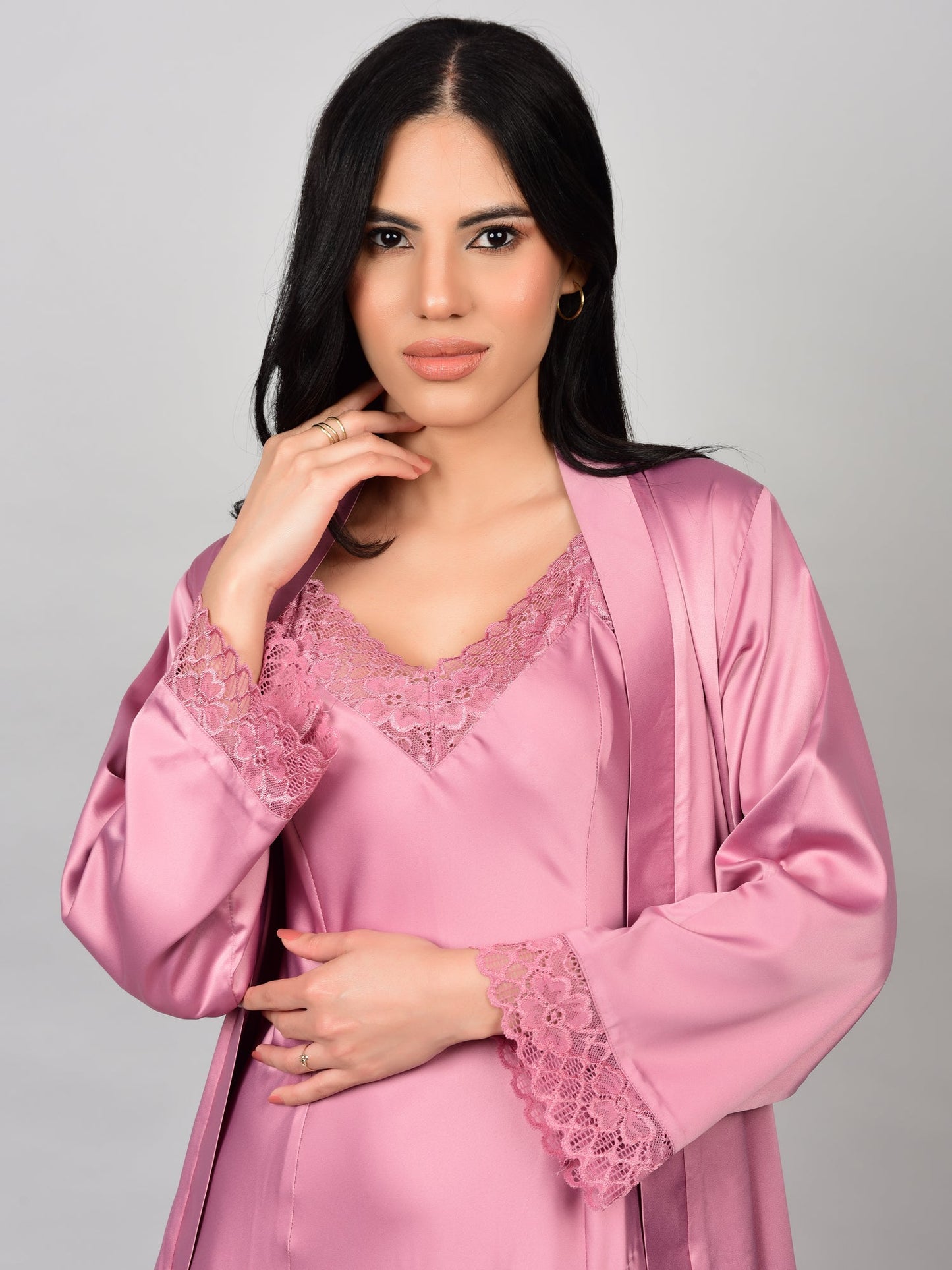 Pink Satin Nighty with Long Robe