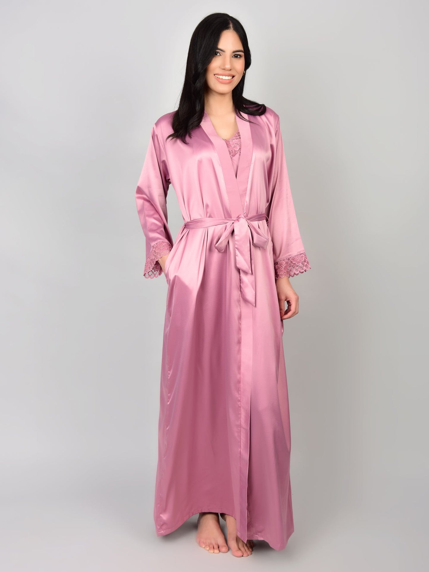 Pink Satin Nighty with Long Robe