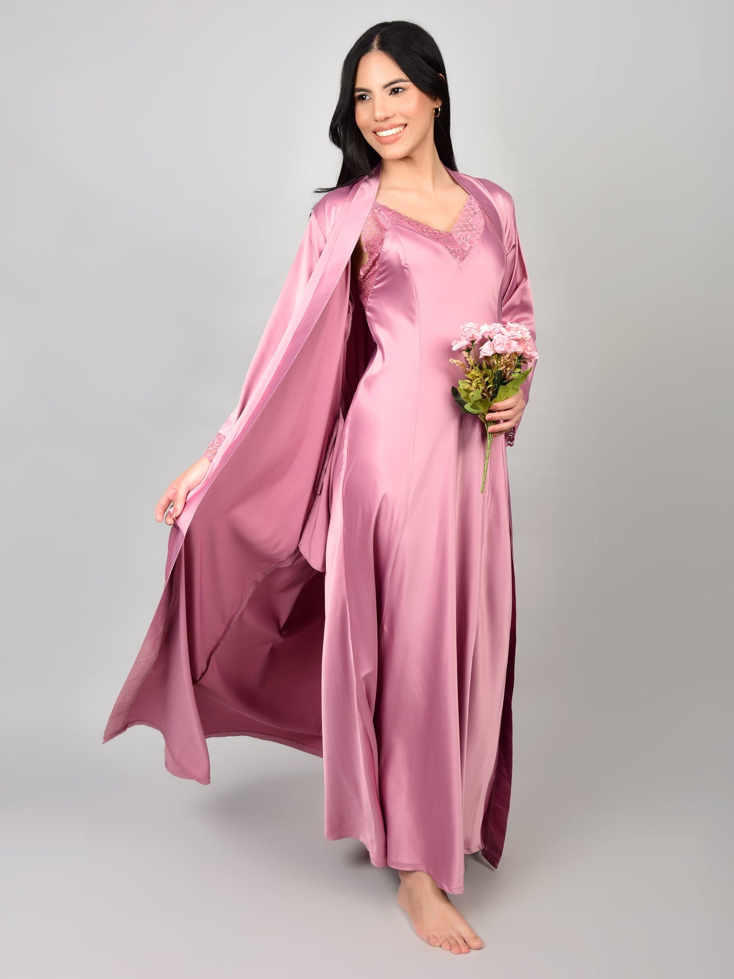 Pink Satin Nighty with Long Robe