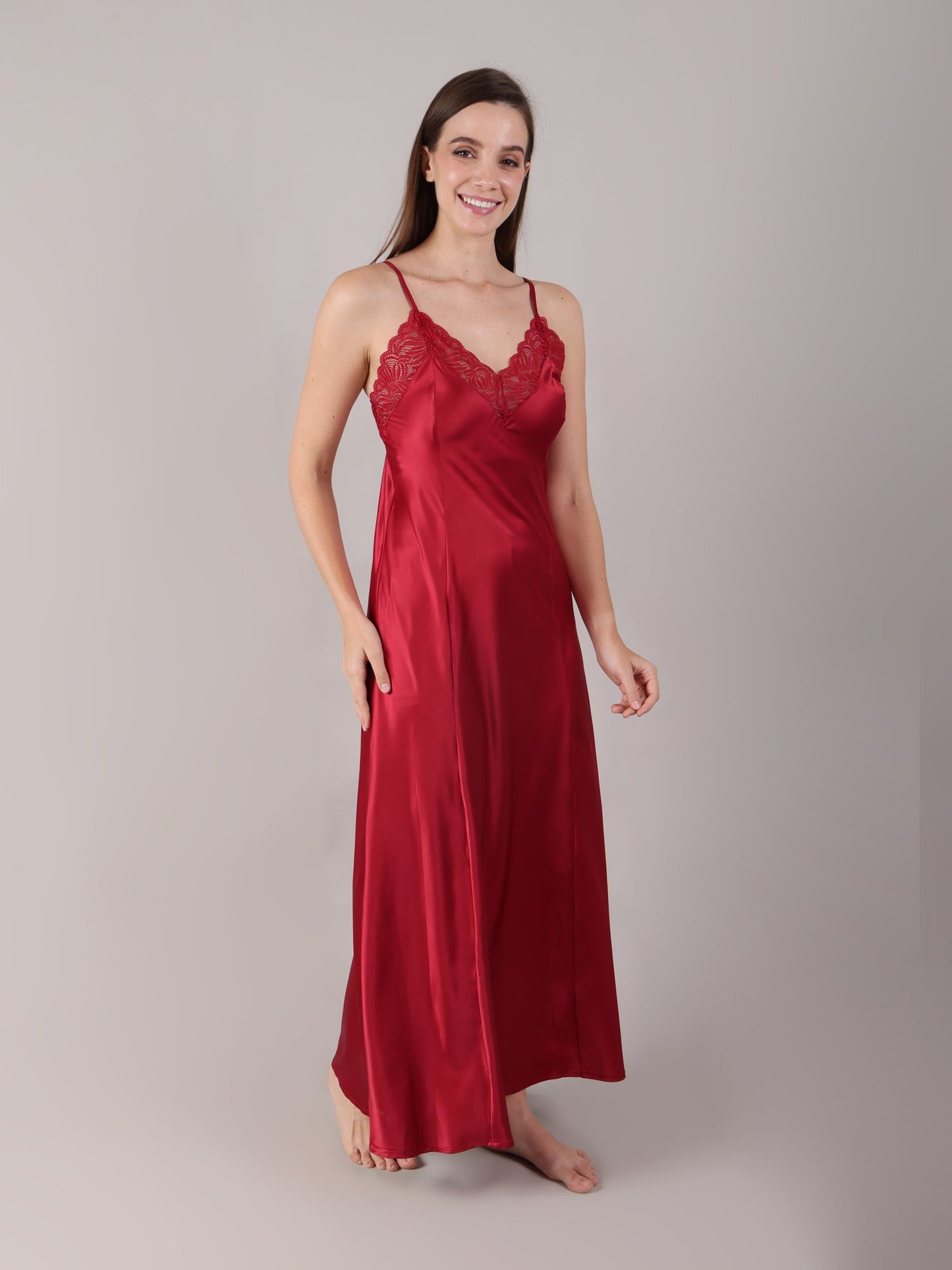 Maroon Satin Nighty with Long Robe