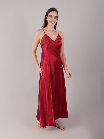 Maroon Satin Nighty with Long Robe