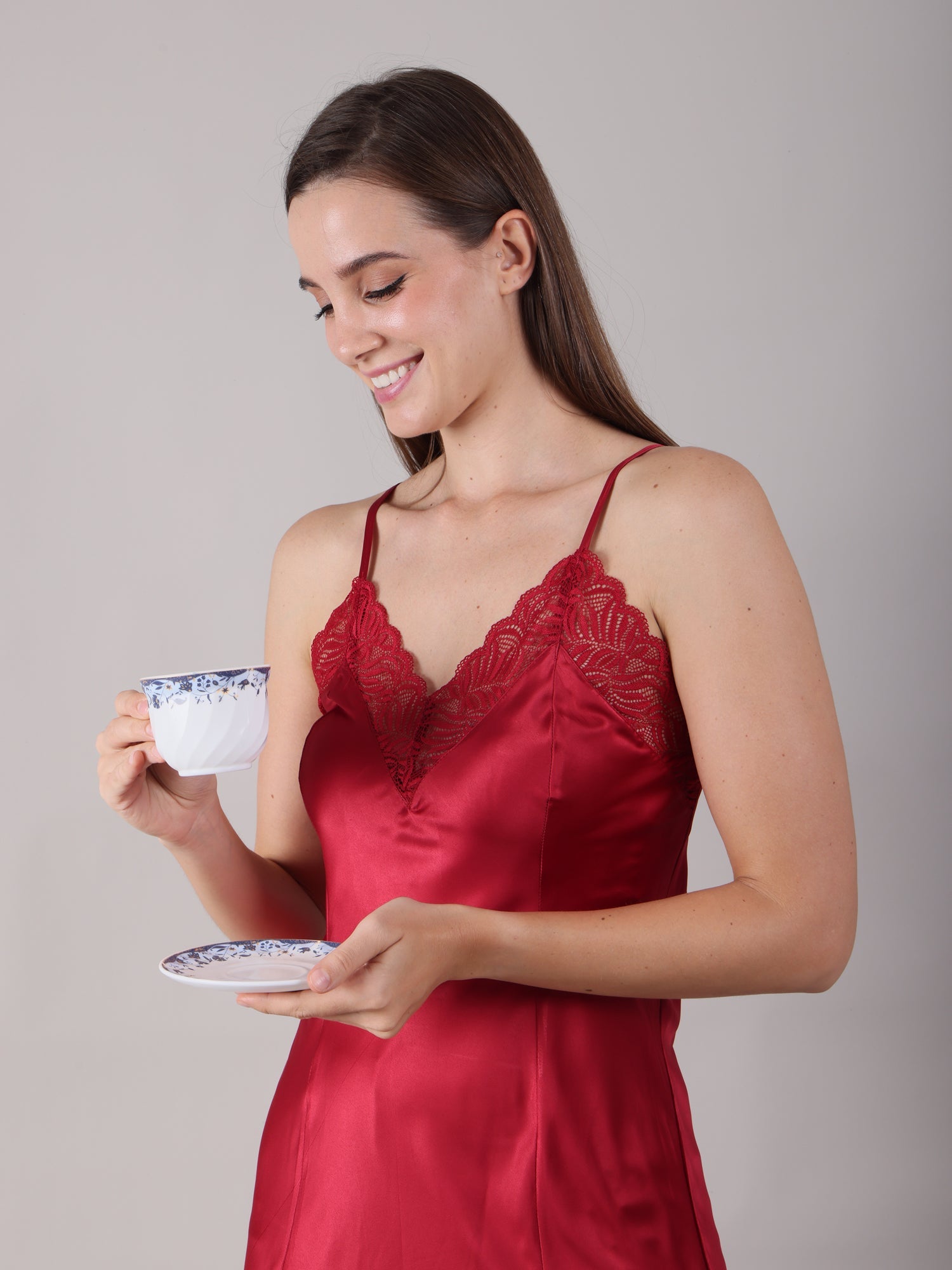 Maroon Satin Nighty with Long Robe