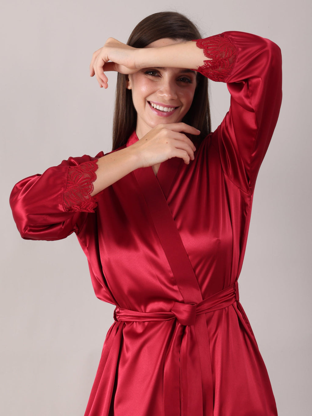 Maroon Satin Nighty with Long Robe