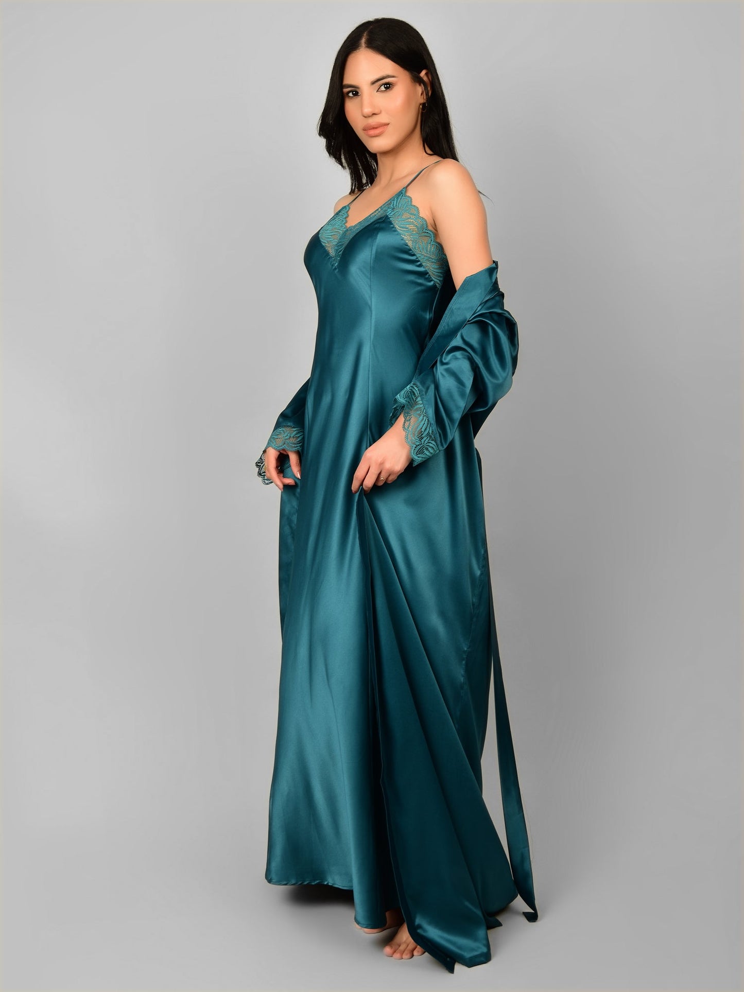 Emerald Satin Nighty with Long Robe