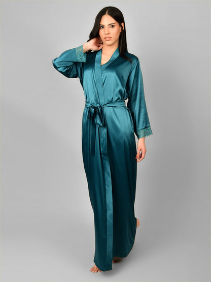 Emerald Satin Nighty with Long Robe