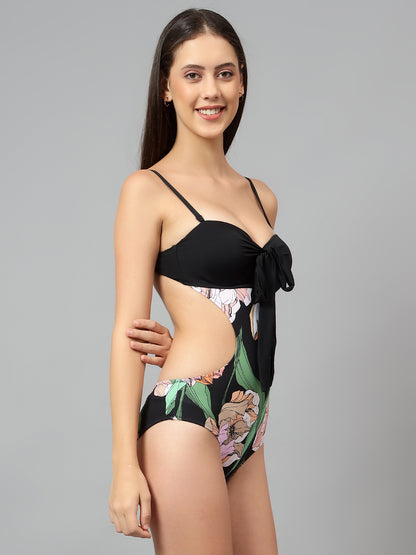 Solid Black Monokini with Floral Print