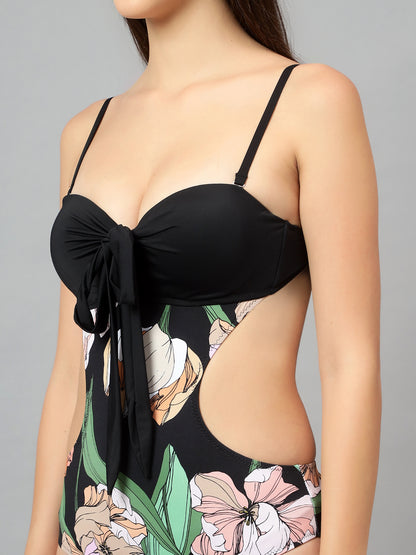 Solid Black Monokini with Floral Print