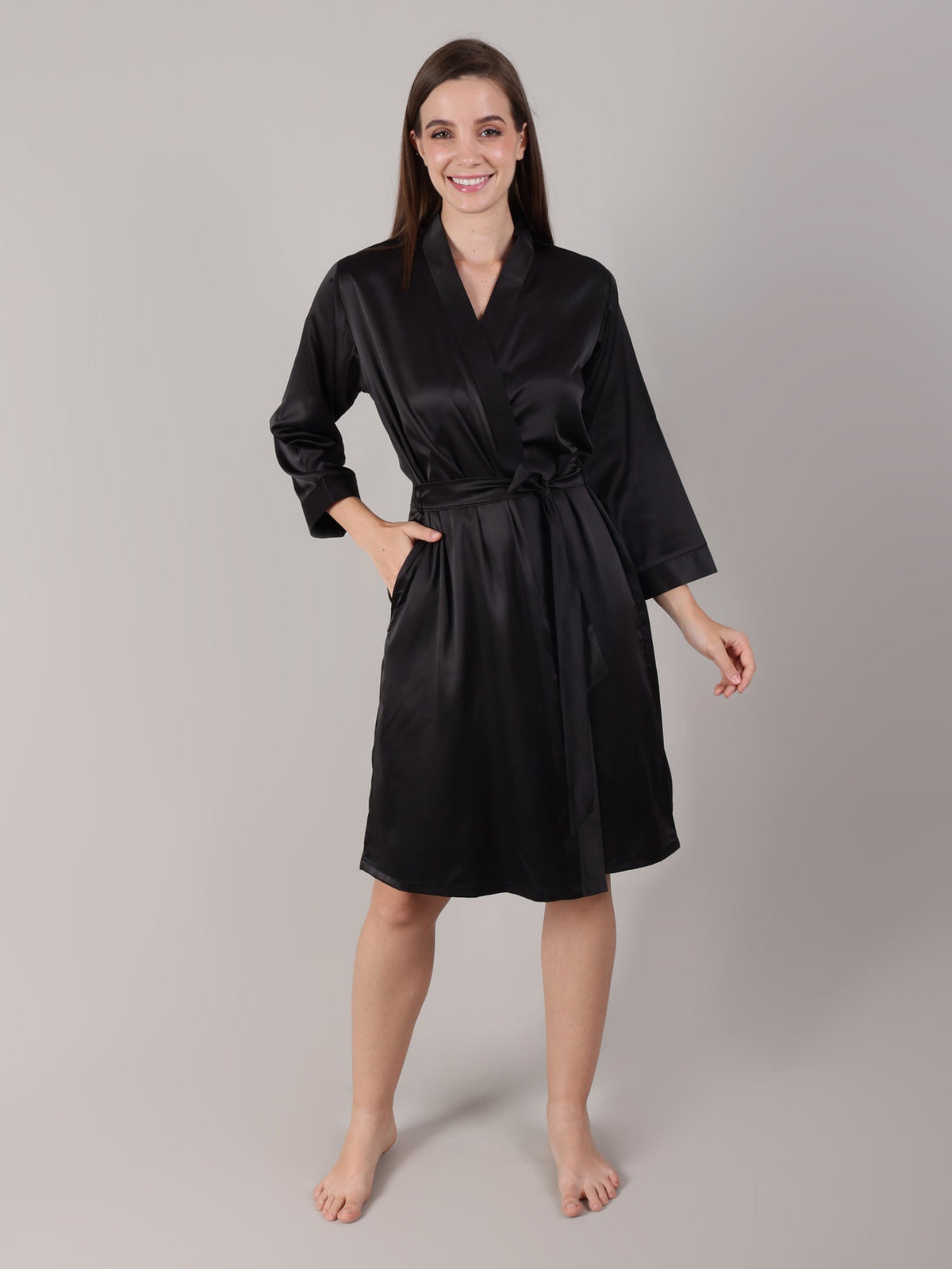 Black satin bridal robe with deep pocket