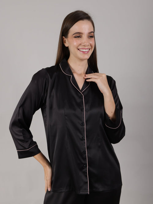 Woman wearing all black Silk satin night suit shirt for loungewear