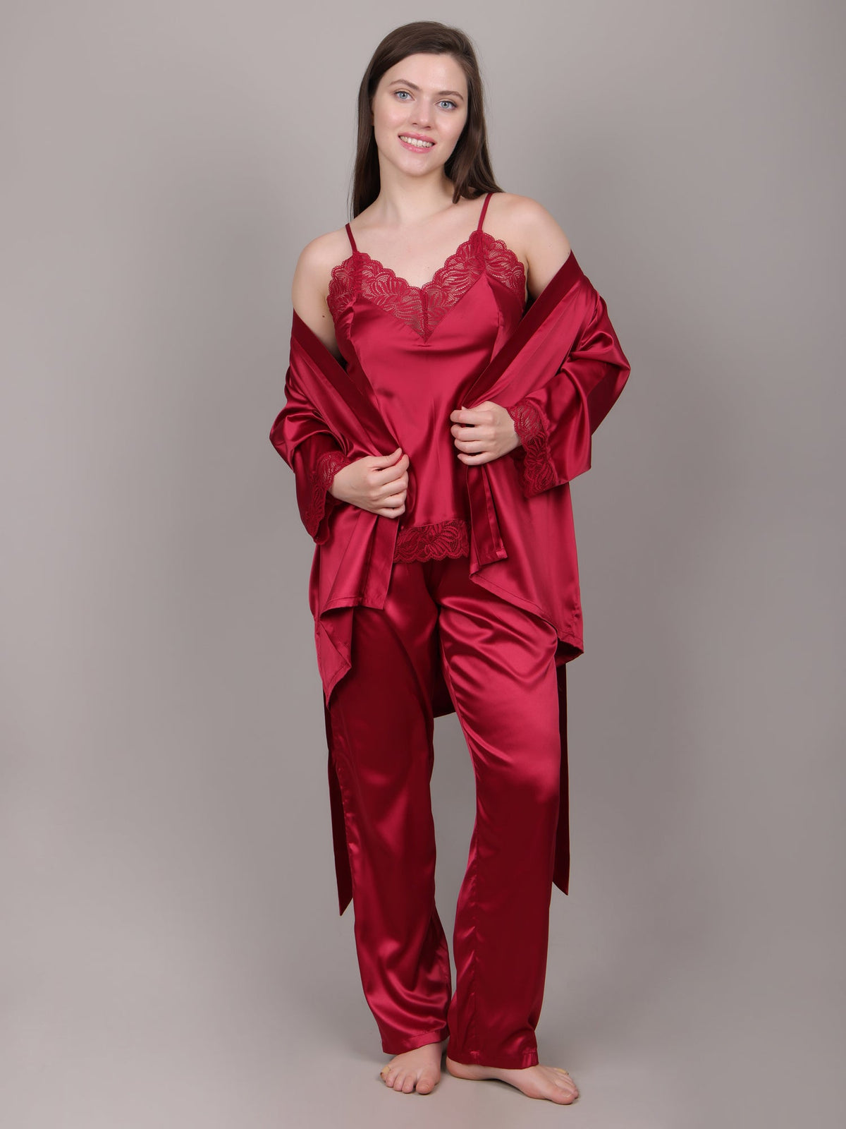 Bright Maroon 3-piece satin nightdress set for women