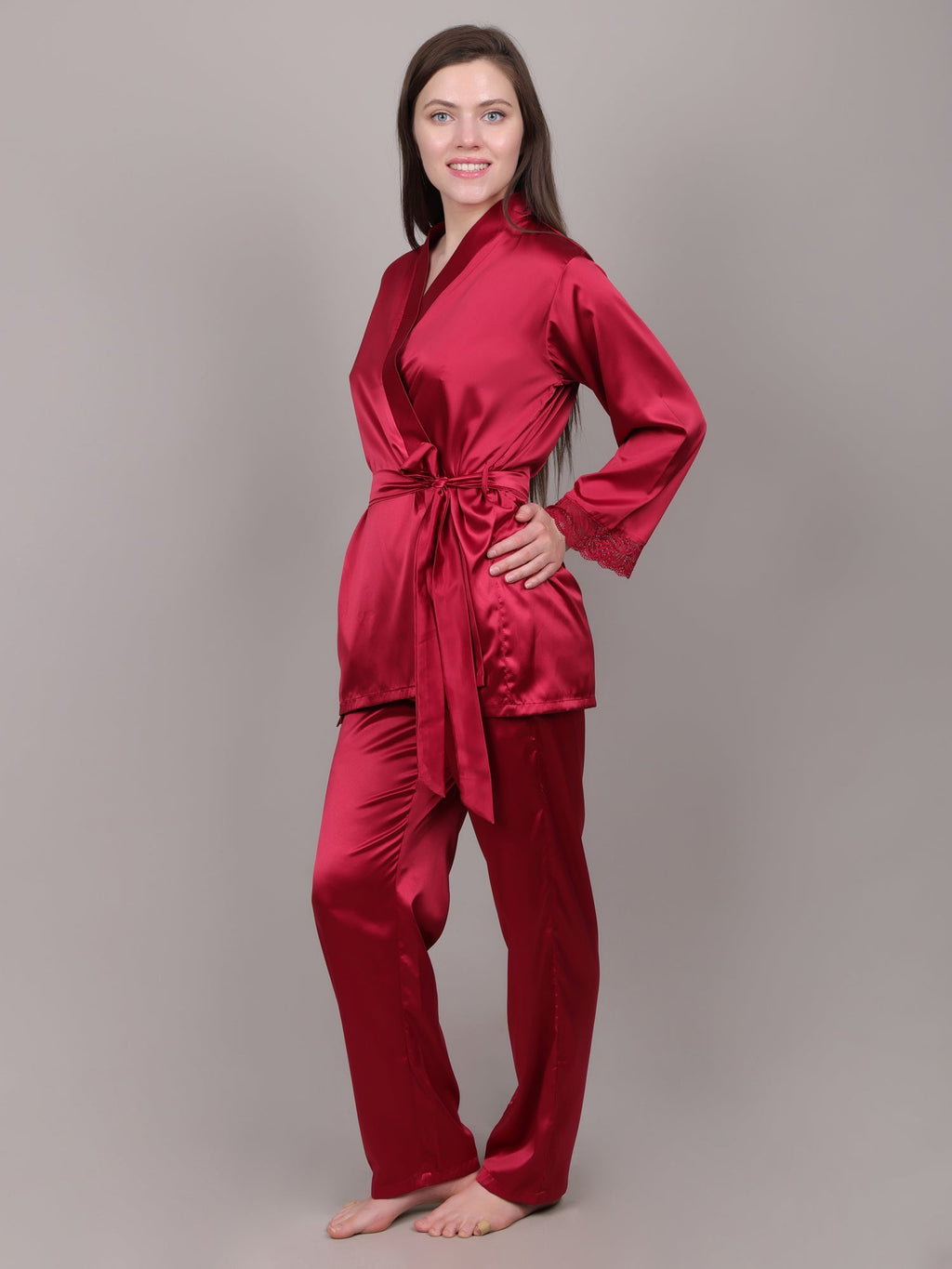 Woman wearing Bright Maroon 3-piece satin nightdress set for coverage.