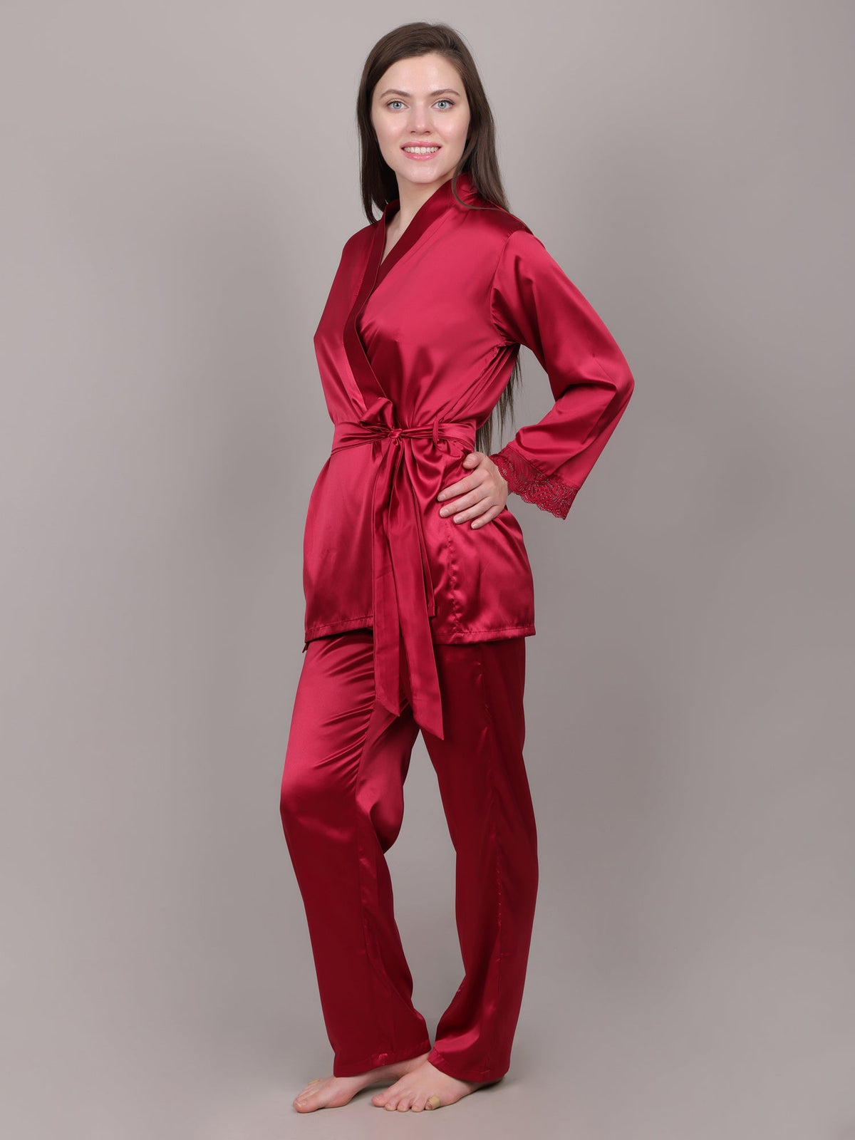Woman wearing Bright Maroon 3-piece satin nightdress set for coverage.