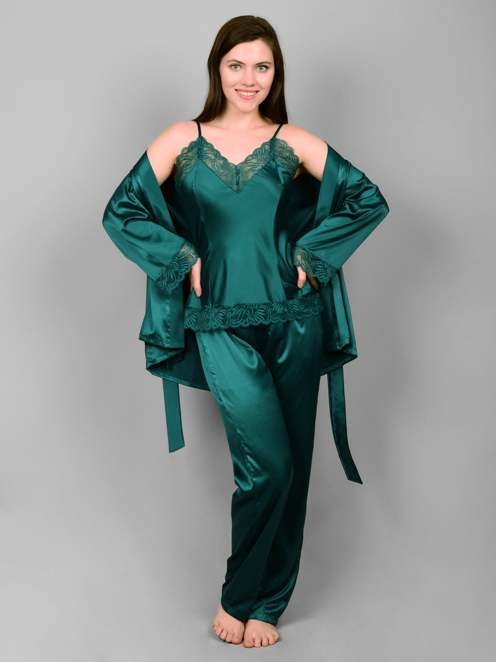 Emerald 3-piece satin nightdress set