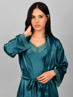 Emerald satin nighty and long robe set for women