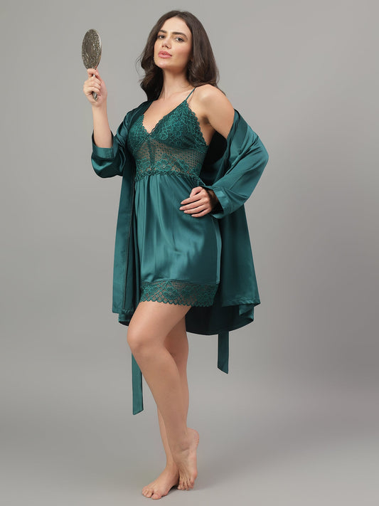 Emerald Nighty Set with Short Robe in Satin for Women